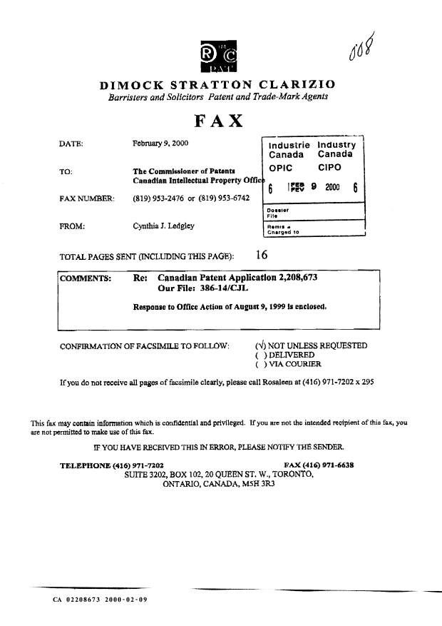 Document de brevet canadien 2208673. Poursuite-Amendment 20000209. Image 1 de 16