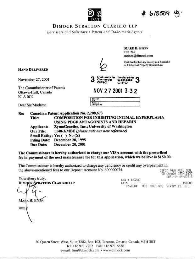 Canadian Patent Document 2208673. Fees 20001227. Image 1 of 1