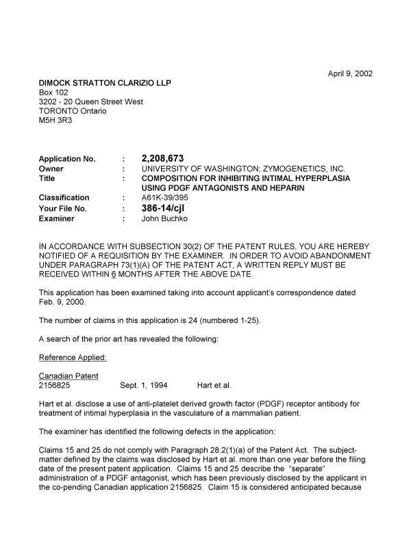 Canadian Patent Document 2208673. Prosecution-Amendment 20011209. Image 1 of 3