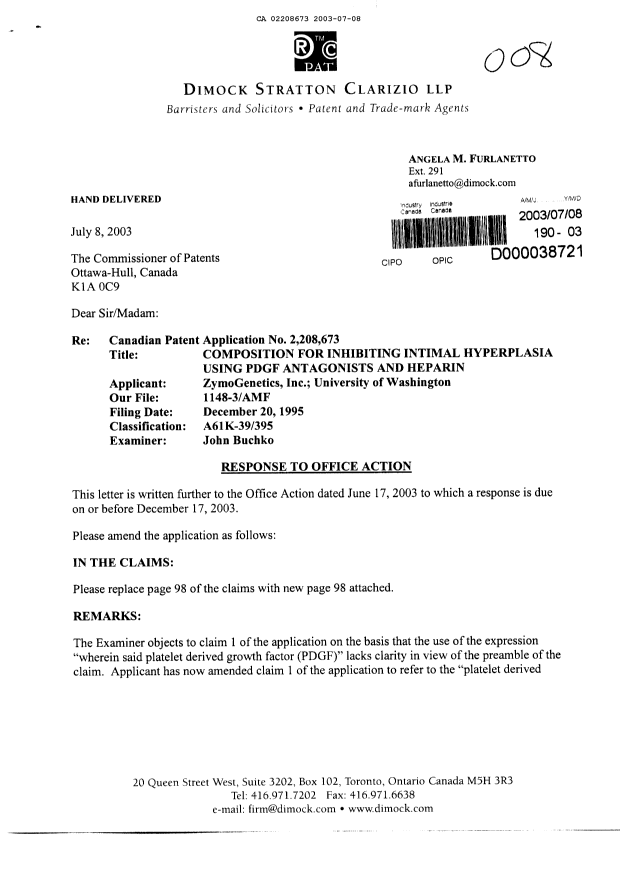 Canadian Patent Document 2208673. Prosecution-Amendment 20021208. Image 1 of 3