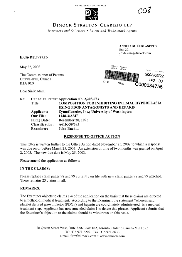 Canadian Patent Document 2208673. Prosecution-Amendment 20021222. Image 1 of 4