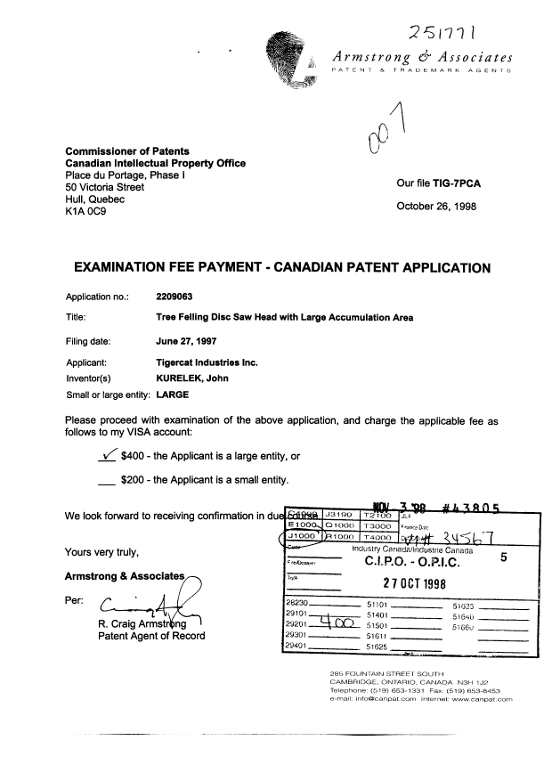 Canadian Patent Document 2209063. Prosecution-Amendment 19981027. Image 1 of 1