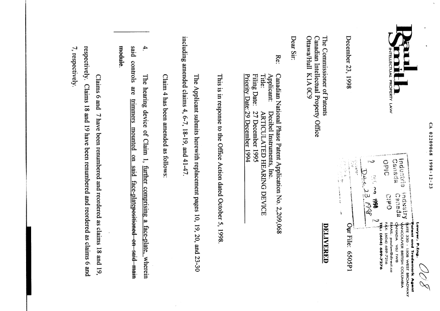 Document de brevet canadien 2209068. Poursuite-Amendment 19981223. Image 1 de 14