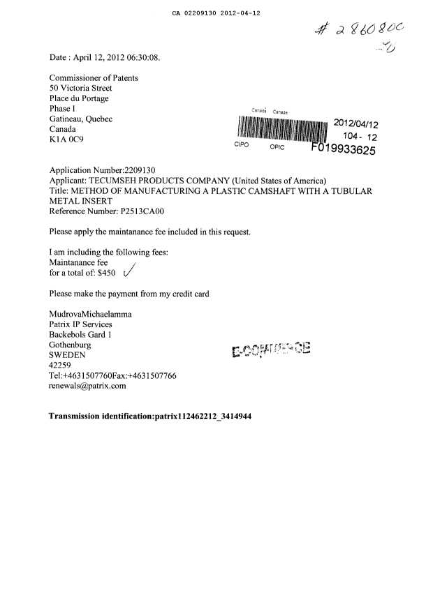 Document de brevet canadien 2209130. Taxes 20120412. Image 1 de 1