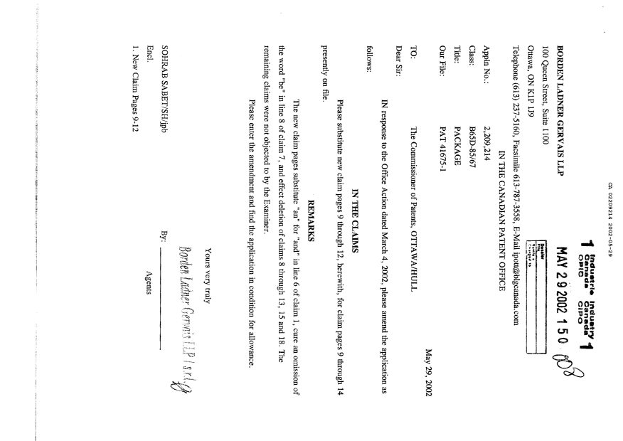 Canadian Patent Document 2209214. Prosecution-Amendment 20020529. Image 1 of 5