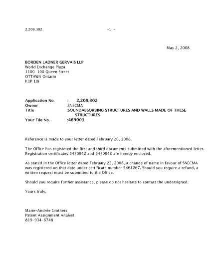 Document de brevet canadien 2209302. Correspondance 20080502. Image 1 de 1