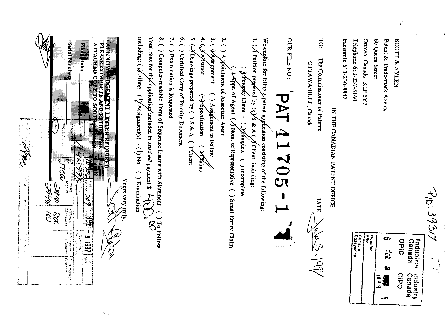 Document de brevet canadien 2209366. Cession 19961203. Image 1 de 5
