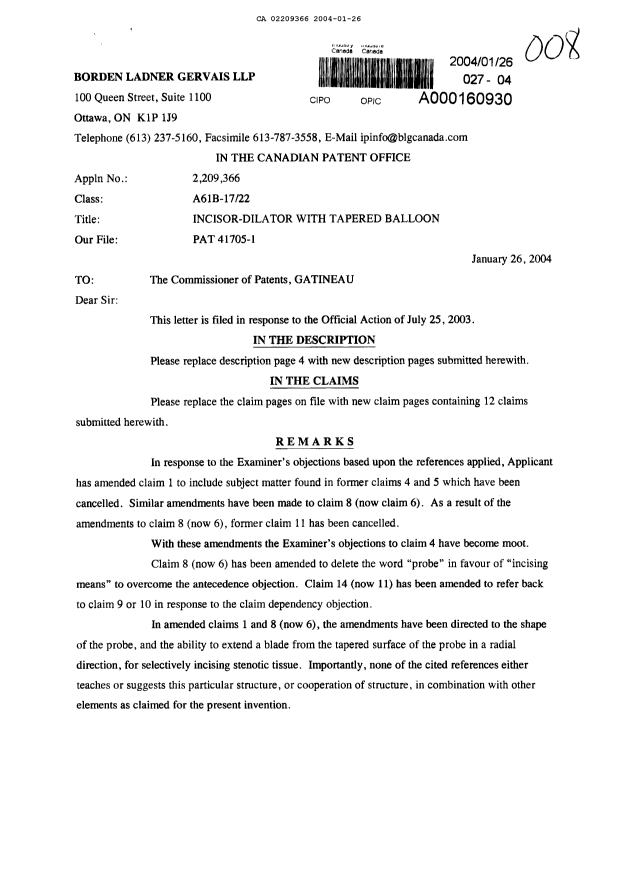 Canadian Patent Document 2209366. Prosecution-Amendment 20031226. Image 1 of 8