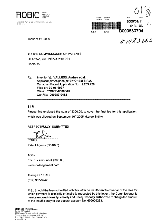 Canadian Patent Document 2209428. Correspondence 20060111. Image 1 of 1