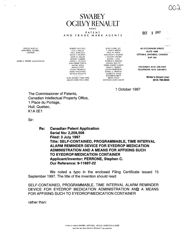 Document de brevet canadien 2209506. Correspondance 19971001. Image 1 de 3
