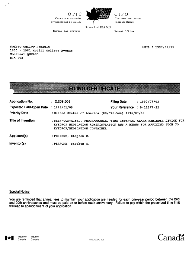 Canadian Patent Document 2209506. Correspondence 19971001. Image 3 of 3