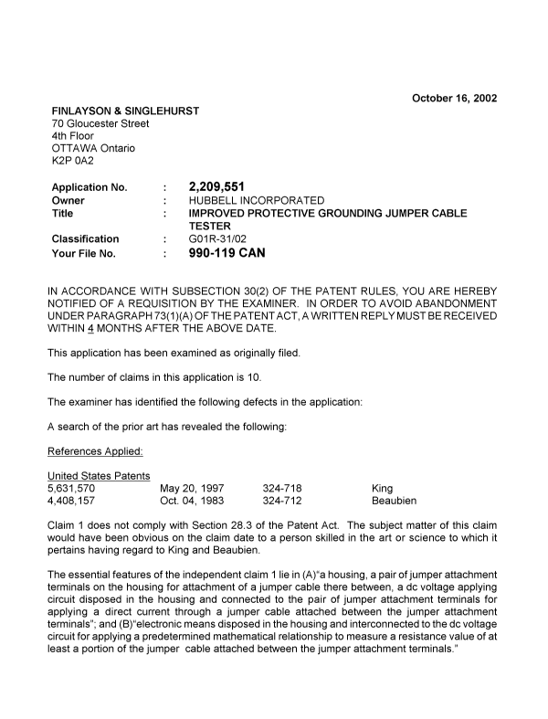 Canadian Patent Document 2209551. Prosecution-Amendment 20021016. Image 1 of 3