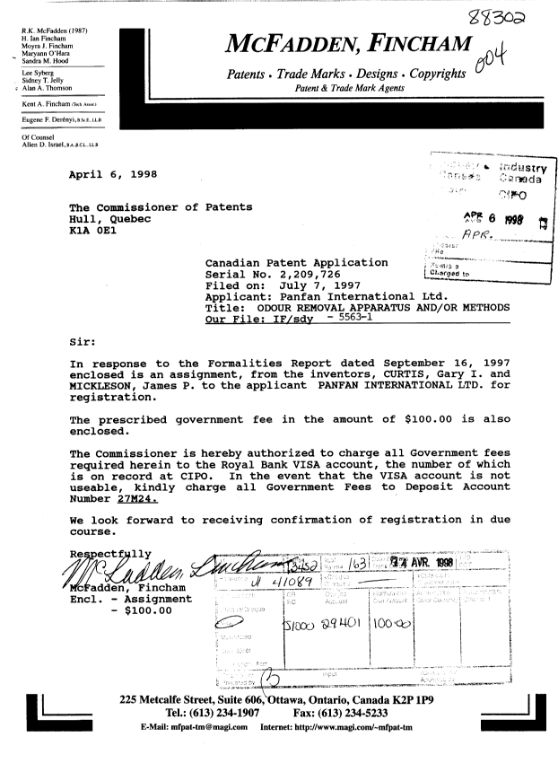 Canadian Patent Document 2209726. Assignment 19980406. Image 1 of 2