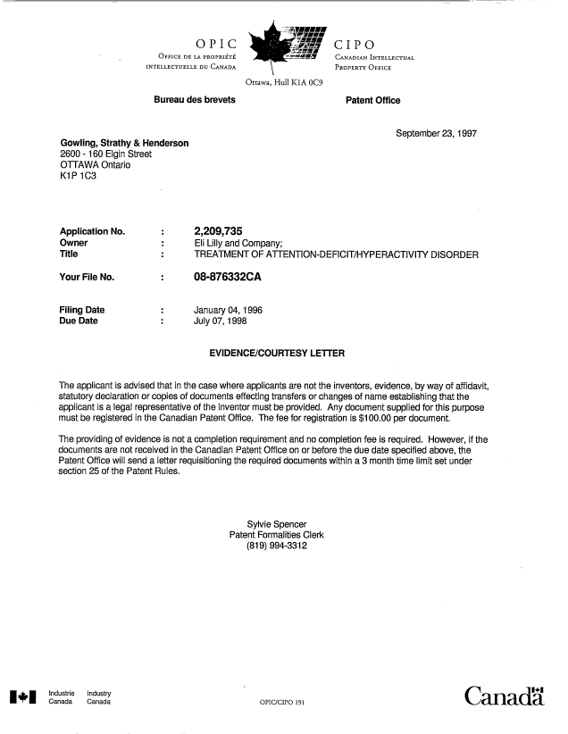 Canadian Patent Document 2209735. Correspondence 19961223. Image 1 of 1