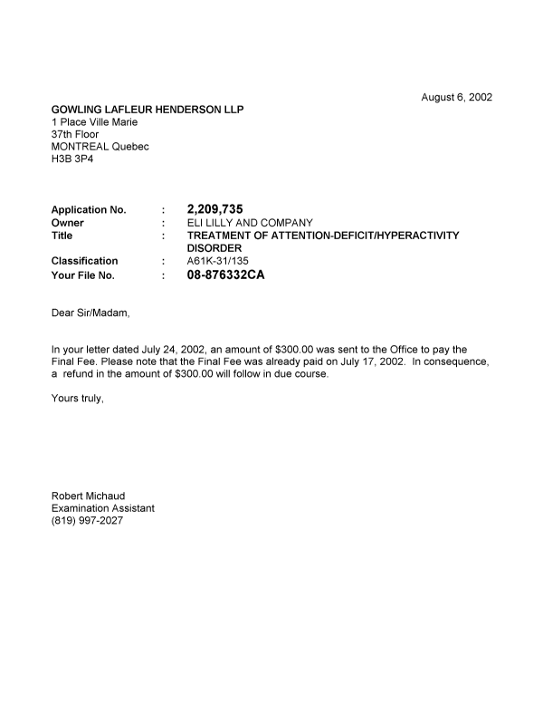 Canadian Patent Document 2209735. Correspondence 20011206. Image 1 of 1