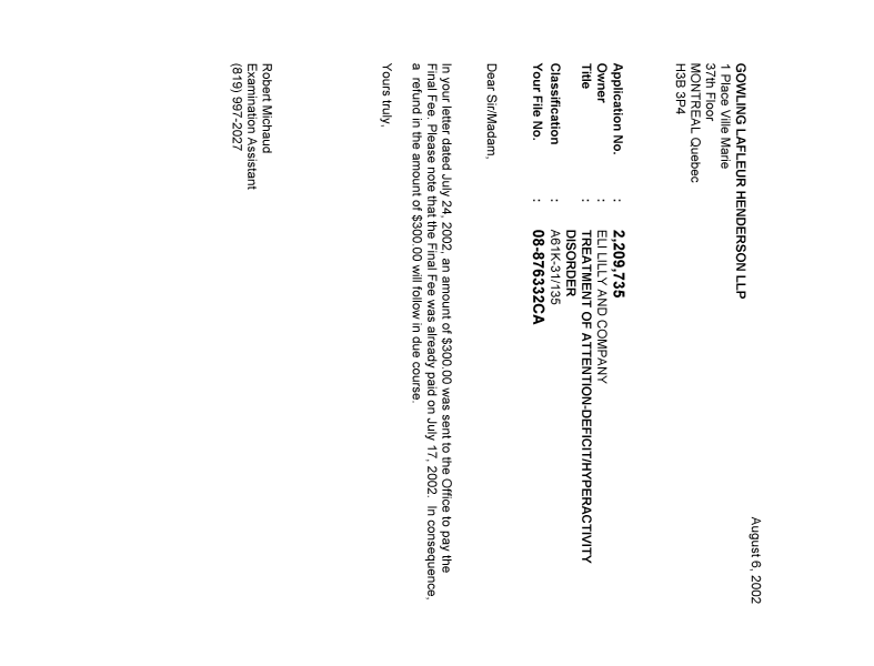 Document de brevet canadien 2209735. Correspondance 20011206. Image 1 de 1