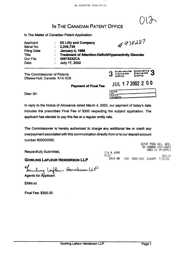 Document de brevet canadien 2209735. Correspondance 20011217. Image 1 de 1