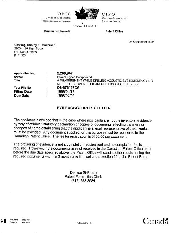Document de brevet canadien 2209947. Correspondance 19970923. Image 1 de 1