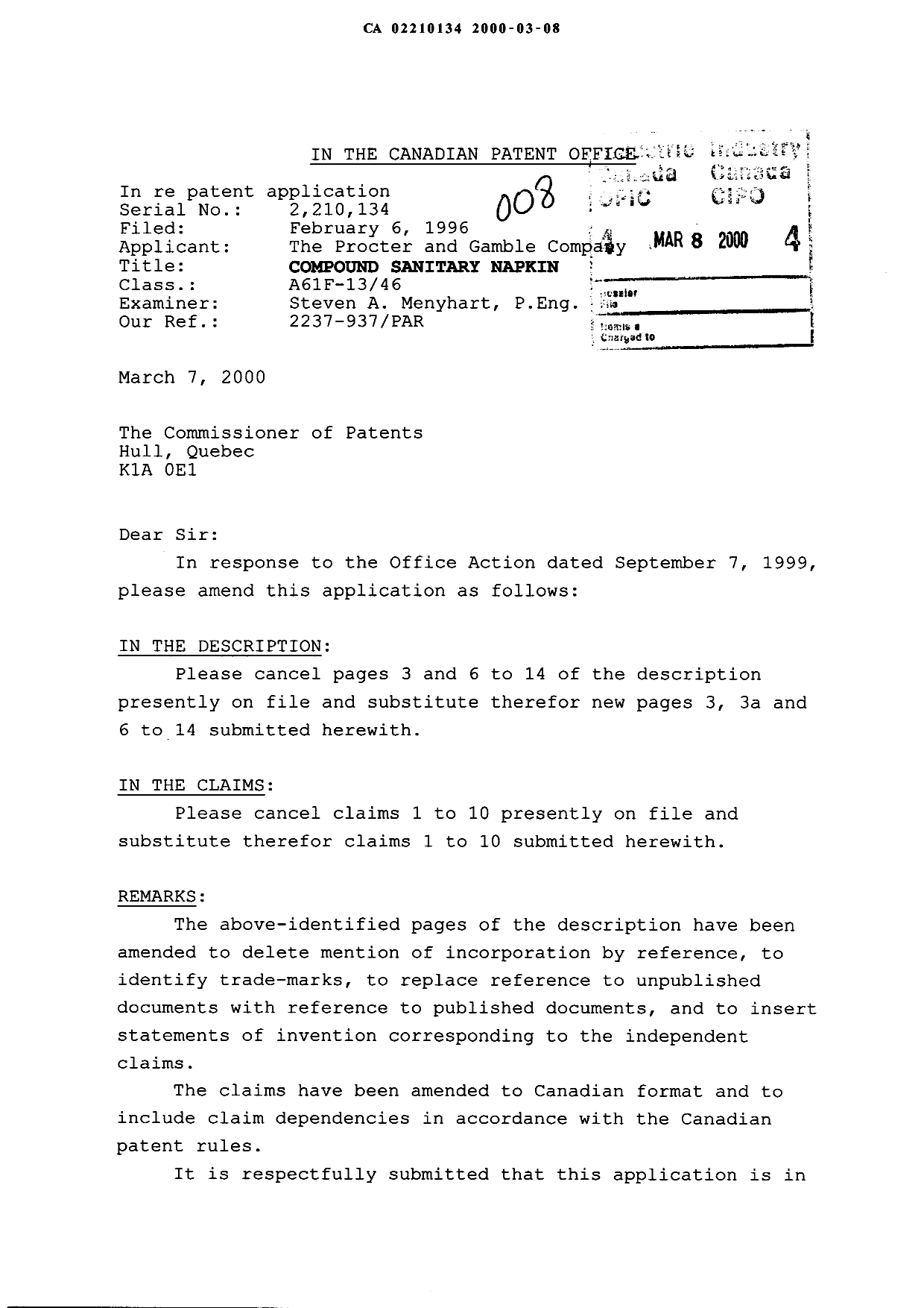 Canadian Patent Document 2210134. Prosecution-Amendment 20000308. Image 1 of 15