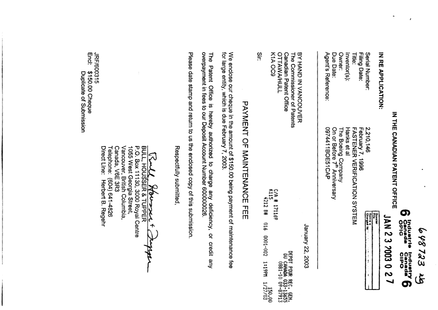 Canadian Patent Document 2210146. Fees 20030123. Image 1 of 1