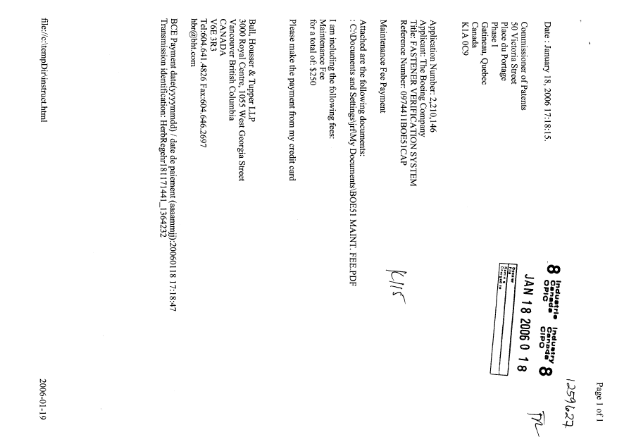 Canadian Patent Document 2210146. Fees 20060118. Image 1 of 2