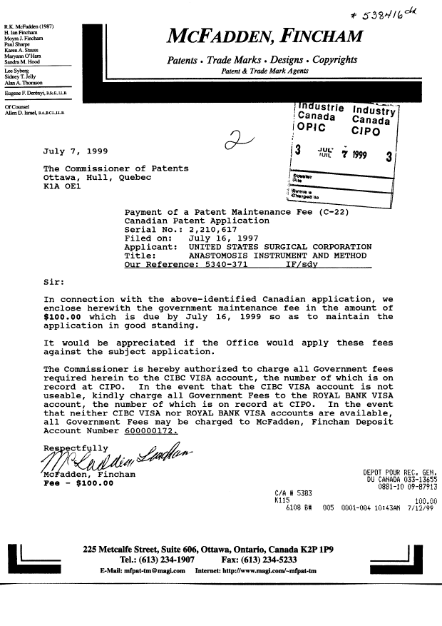 Canadian Patent Document 2210617. Fees 19981207. Image 1 of 1