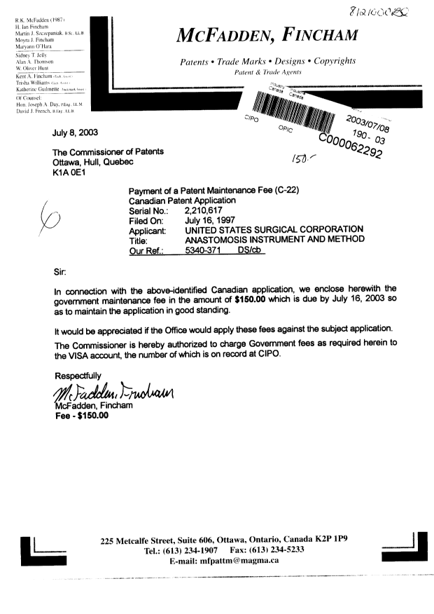 Document de brevet canadien 2210617. Taxes 20021208. Image 1 de 1