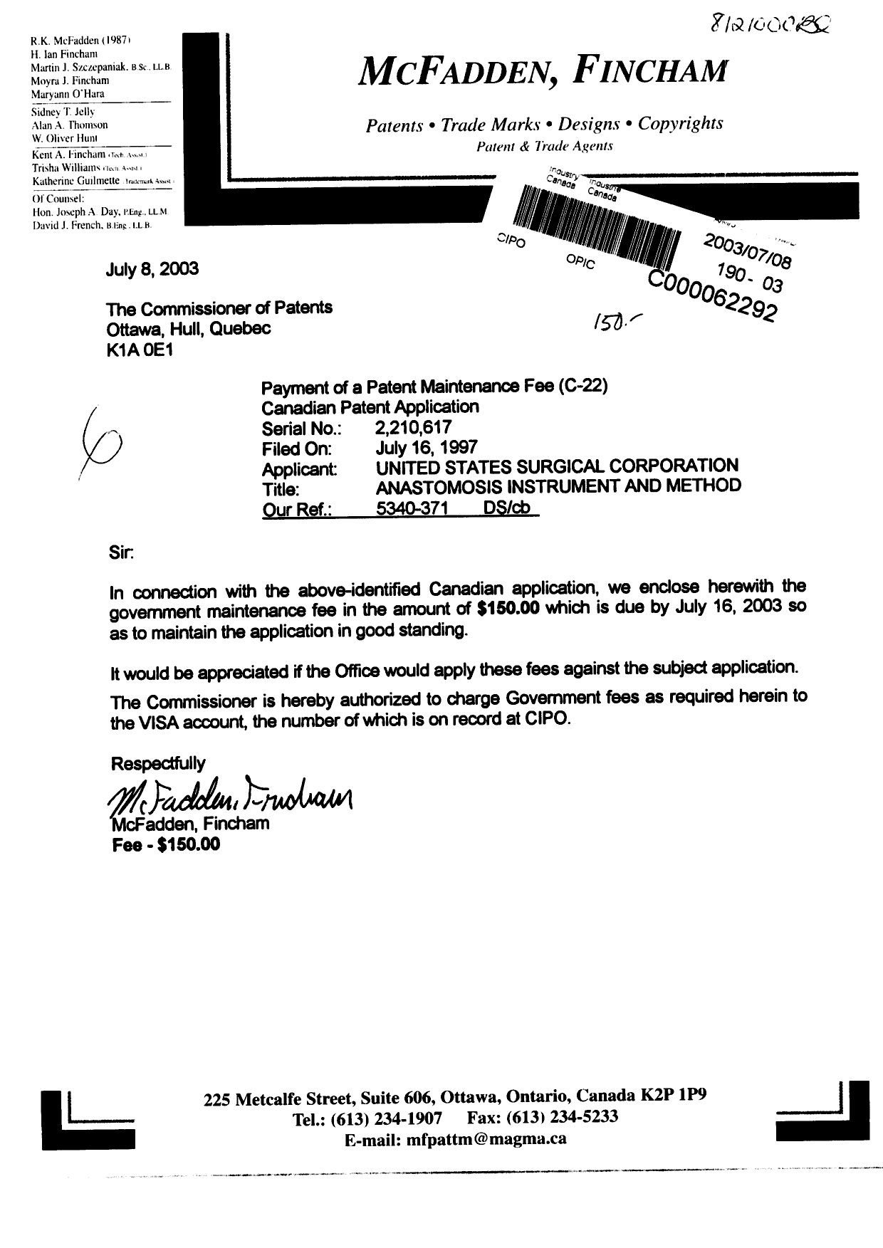 Document de brevet canadien 2210617. Taxes 20021208. Image 1 de 1