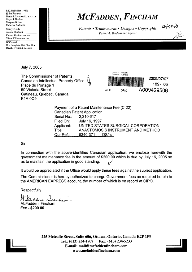 Canadian Patent Document 2210617. Fees 20041207. Image 1 of 1