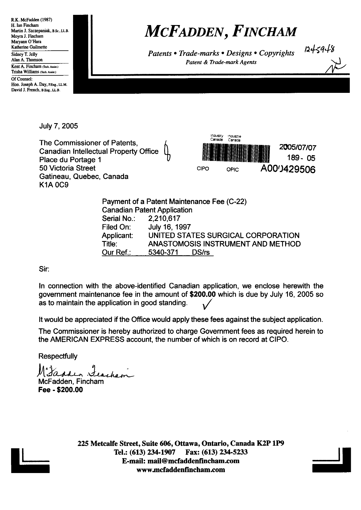 Canadian Patent Document 2210617. Fees 20041207. Image 1 of 1