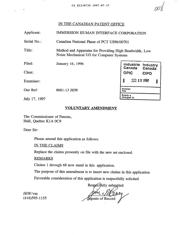 Canadian Patent Document 2210725. Prosecution-Amendment 19970717. Image 1 of 15