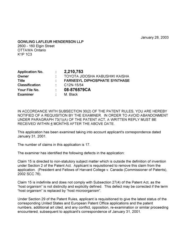 Canadian Patent Document 2210753. Prosecution-Amendment 20030128. Image 1 of 2