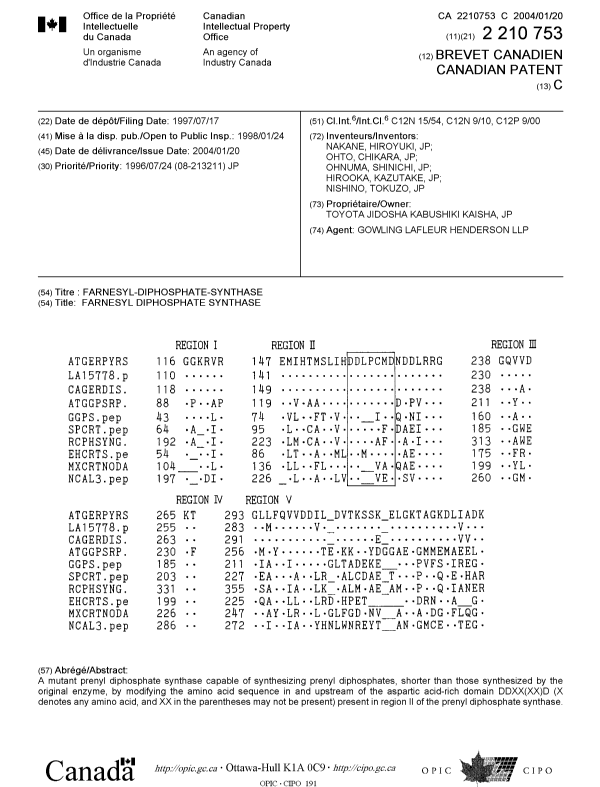 Document de brevet canadien 2210753. Page couverture 20031217. Image 1 de 1