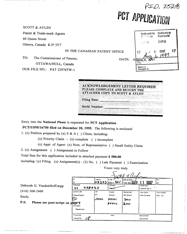 Document de brevet canadien 2211045. Cession 19970806. Image 1 de 9