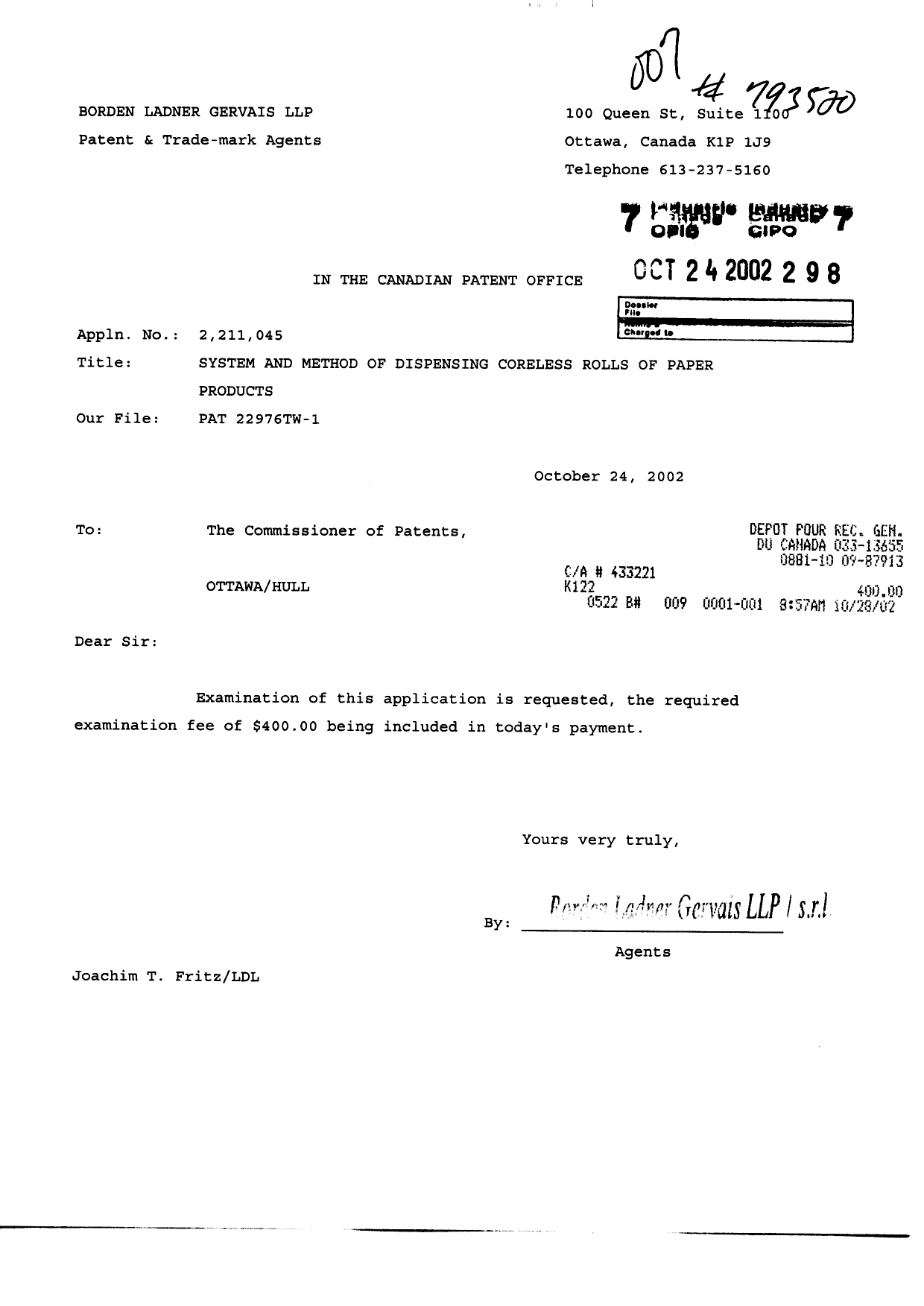 Canadian Patent Document 2211045. Prosecution-Amendment 20021024. Image 1 of 1