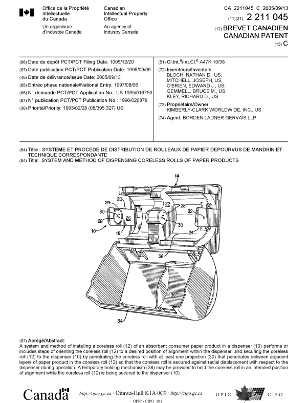 Document de brevet canadien 2211045. Page couverture 20050817. Image 1 de 1