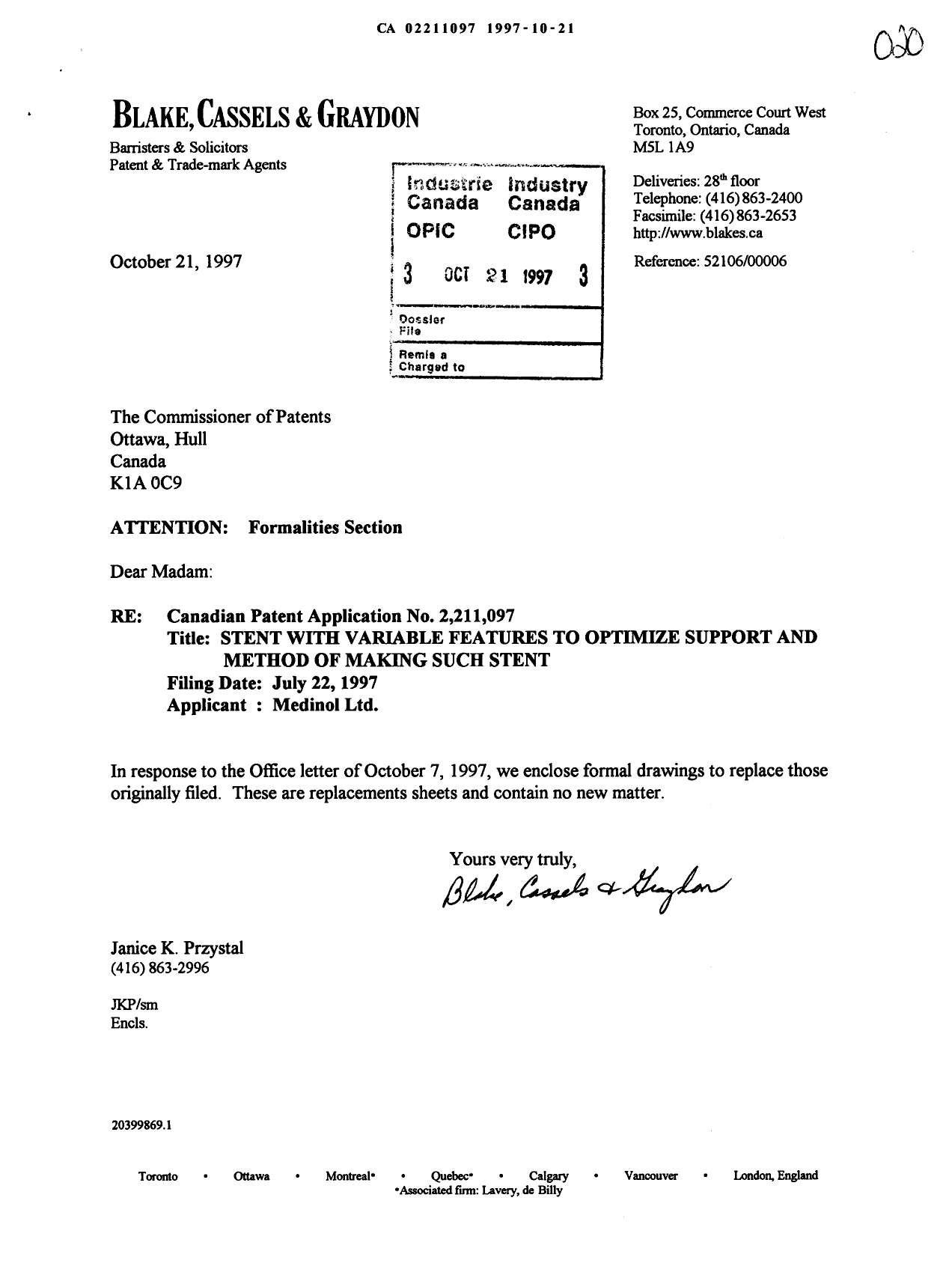 Canadian Patent Document 2211097. Correspondence 19971021. Image 1 of 8