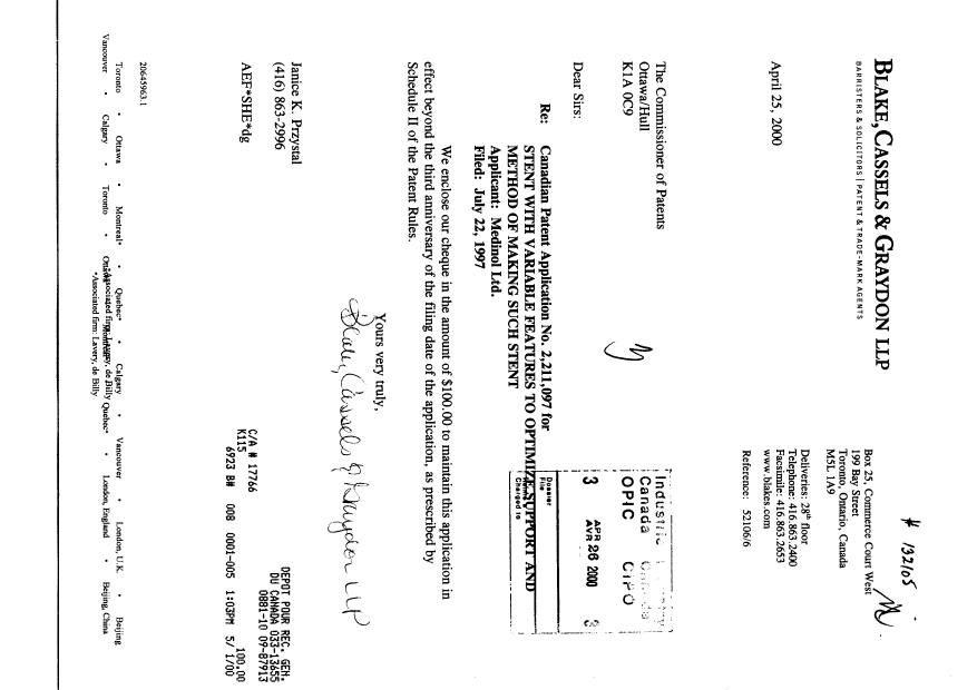 Canadian Patent Document 2211097. Fees 20000426. Image 1 of 1