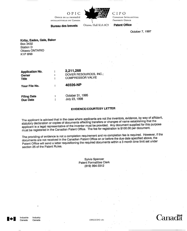 Document de brevet canadien 2211268. Correspondance 19971007. Image 1 de 1