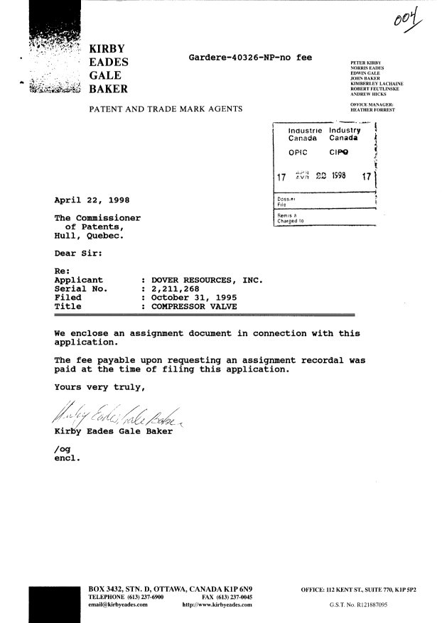 Document de brevet canadien 2211268. Cession 19980422. Image 1 de 3