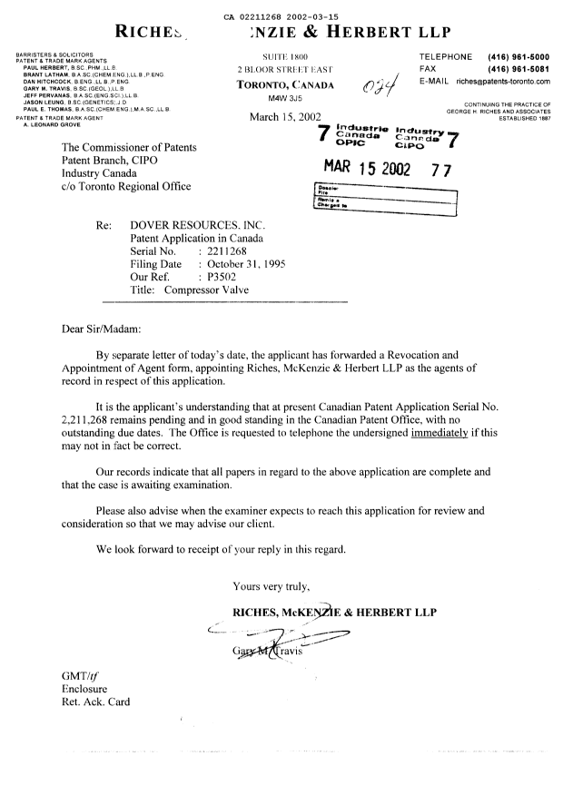 Document de brevet canadien 2211268. Correspondance 20020315. Image 1 de 1