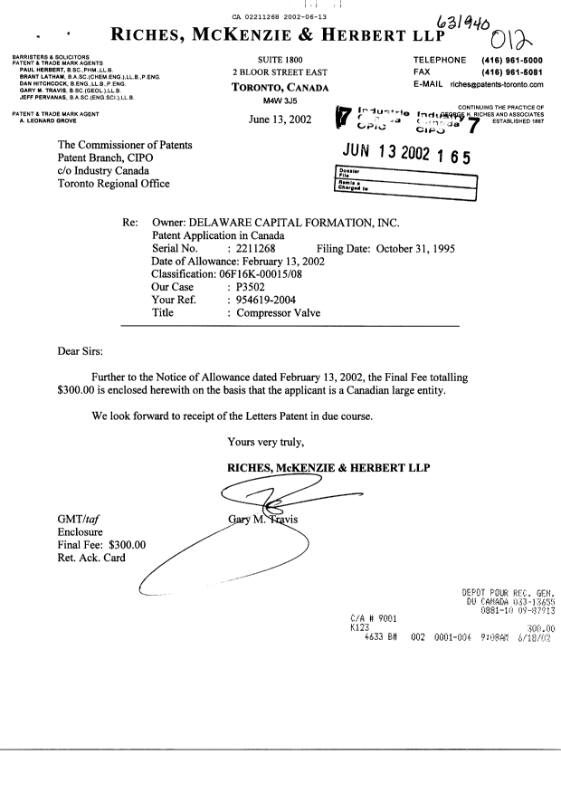 Document de brevet canadien 2211268. Correspondance 20020613. Image 1 de 1