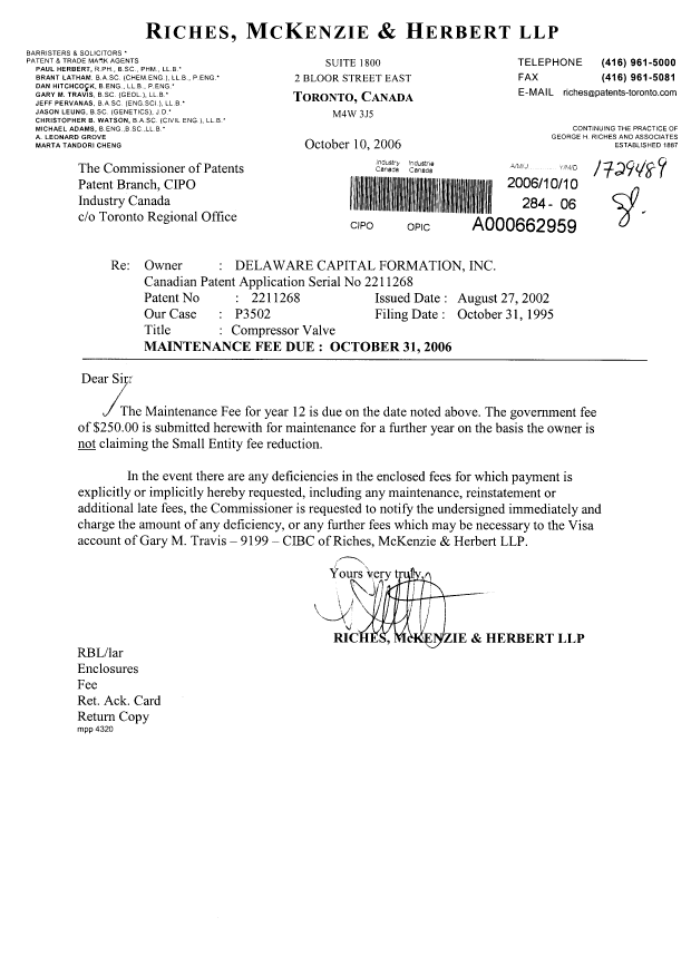 Document de brevet canadien 2211268. Taxes 20061010. Image 1 de 1