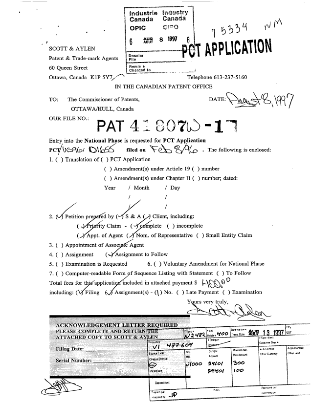 Document de brevet canadien 2211422. Cession 19970808. Image 1 de 3