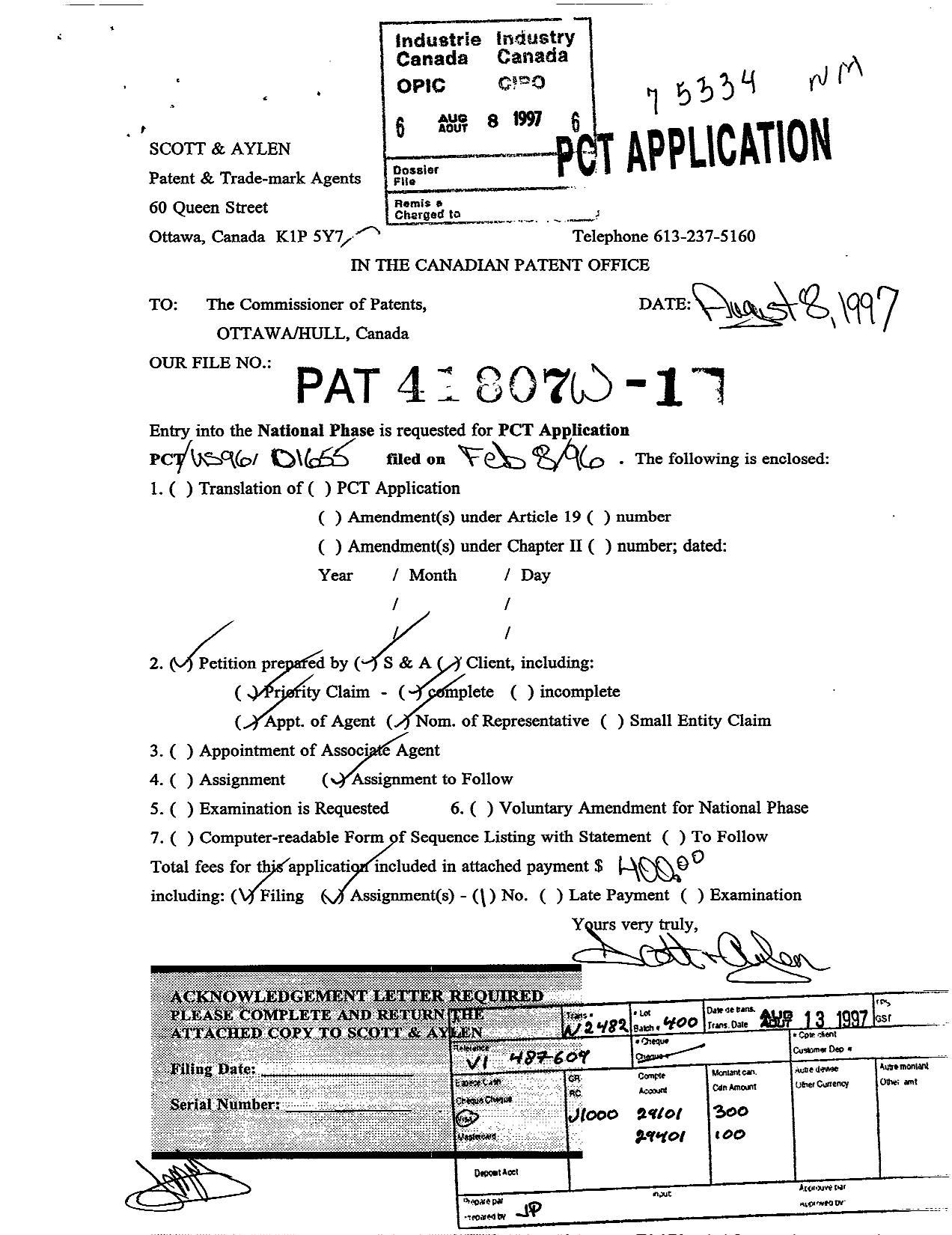 Canadian Patent Document 2211422. Assignment 19970808. Image 1 of 3
