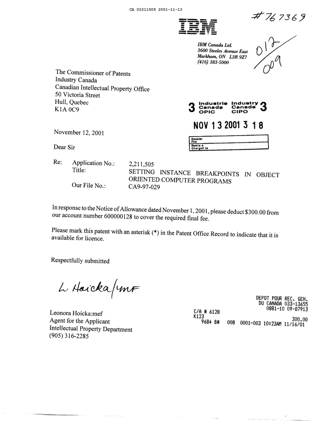 Canadian Patent Document 2211505. Correspondence 20011113. Image 1 of 1