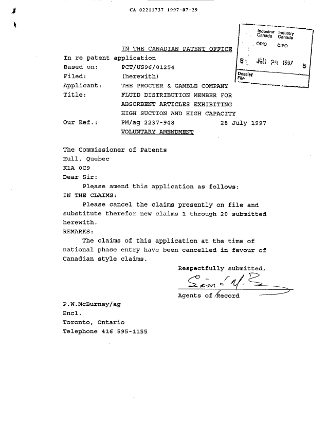 Document de brevet canadien 2211737. Poursuite-Amendment 19970729. Image 1 de 4