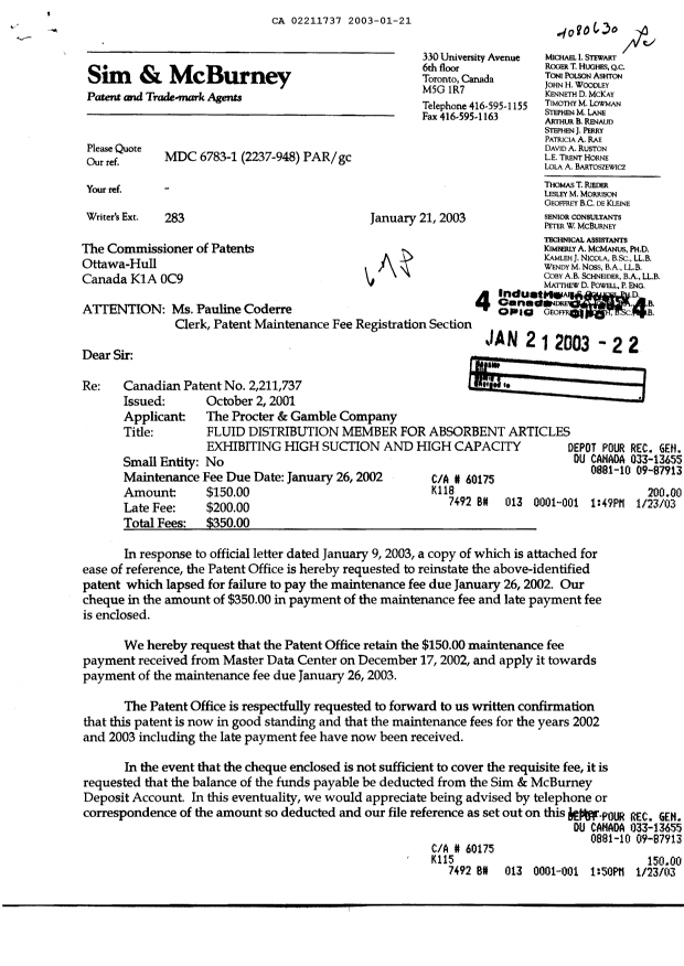 Document de brevet canadien 2211737. Taxes 20030121. Image 1 de 3