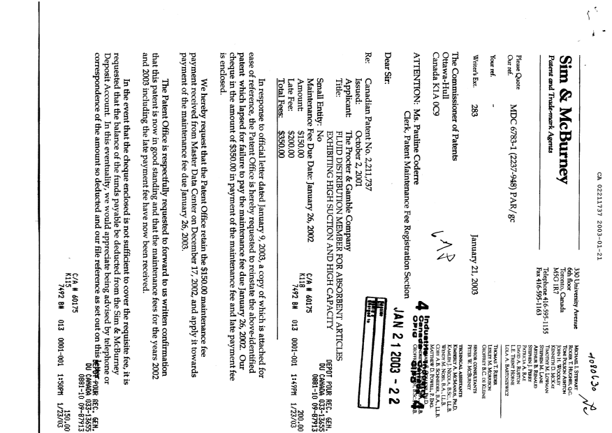 Canadian Patent Document 2211737. Fees 20030121. Image 1 of 3