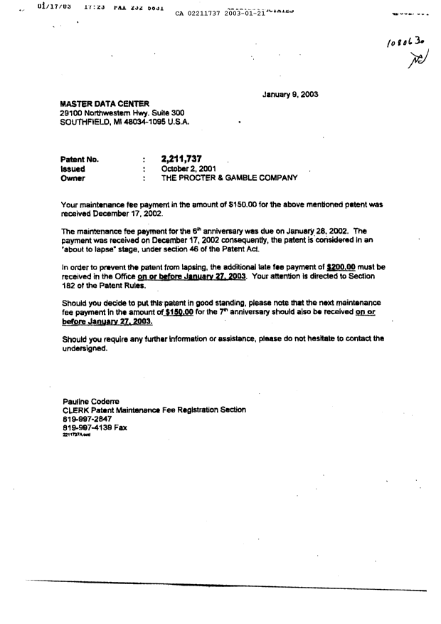 Canadian Patent Document 2211737. Fees 20030121. Image 3 of 3